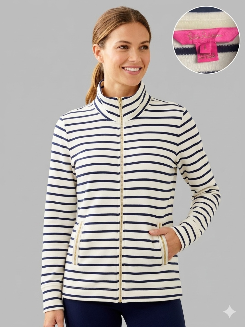 Lilly Pulitzer Cream & Navy Striped Zip-Front Utility Jacket
